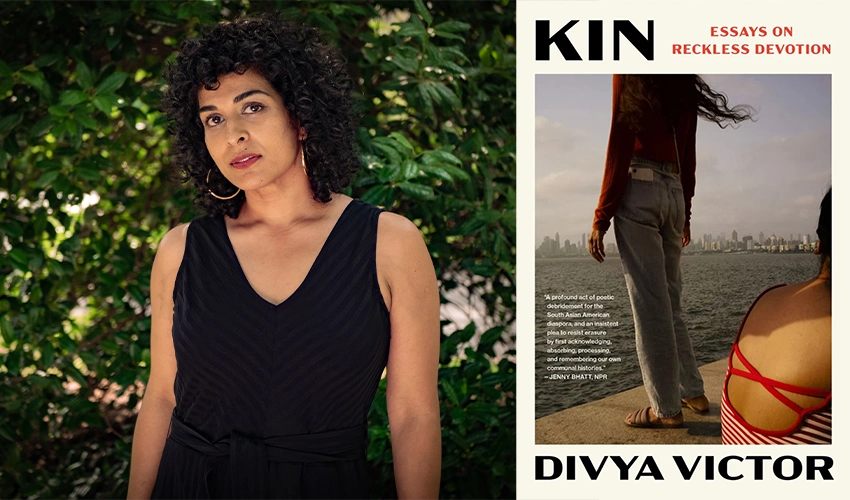 diptych with a portrait of the author in a black top to the left of the cover of her book, Kin